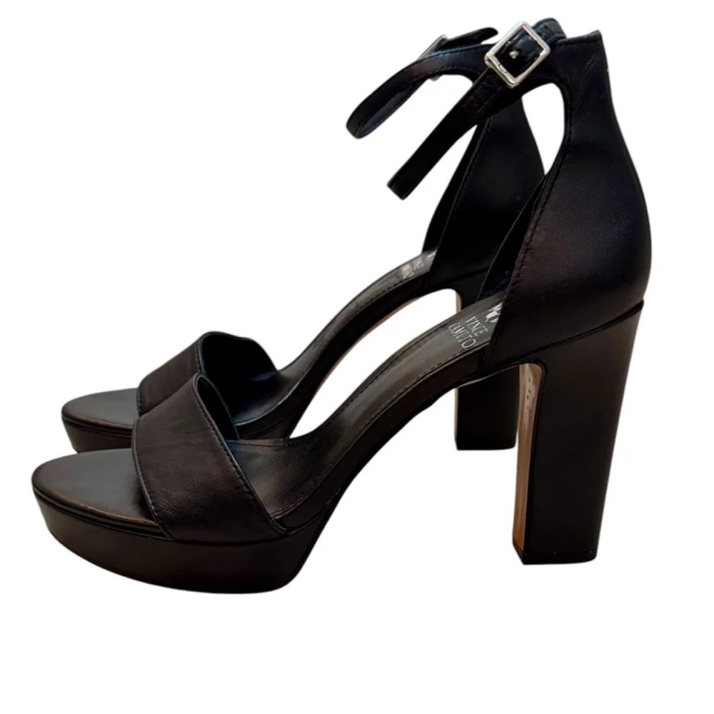 Vince Camuto black ankle-strap block heels w/ light wear, Women’s Size 8M/38.5